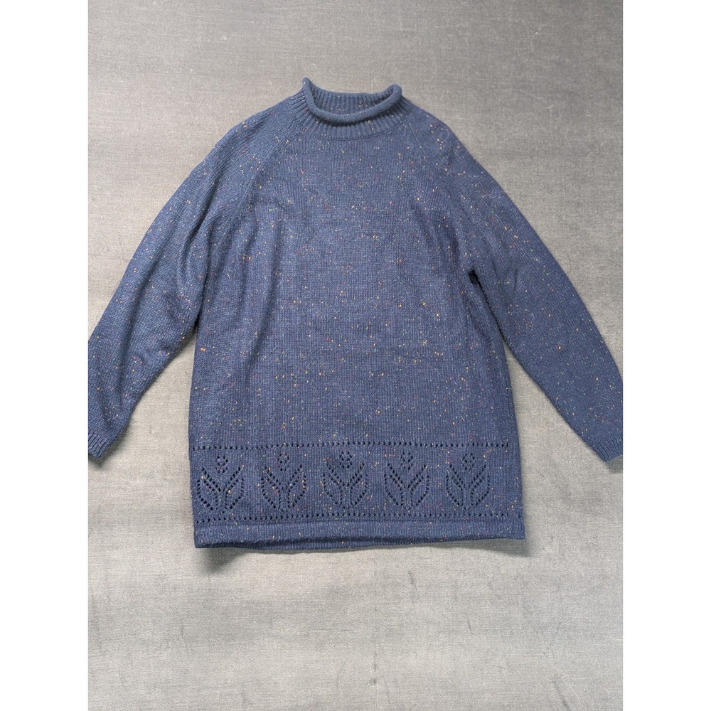 Vtg Women's 80's Knit Sweater M Stefano International Acrylic Blue Tweed Eyelet